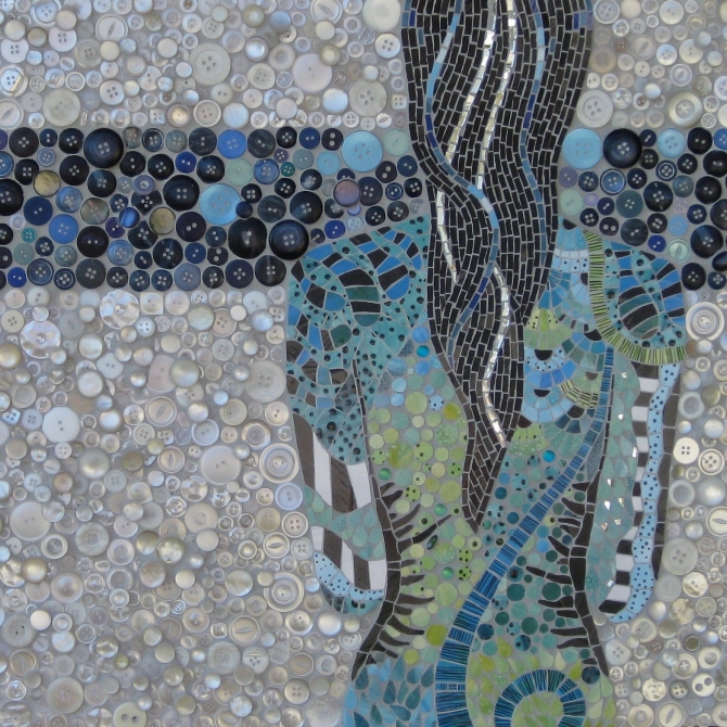 Femme rivière - 2012. 80cm x 50 cm. Hand glazed tiles, mirror, buttons.