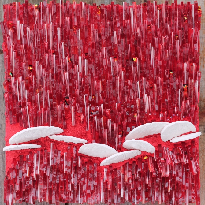 Red Haîku - 2019, 20cm x 20cm. Glass, smalti, porcelain, thin-set, glitters. 400-
